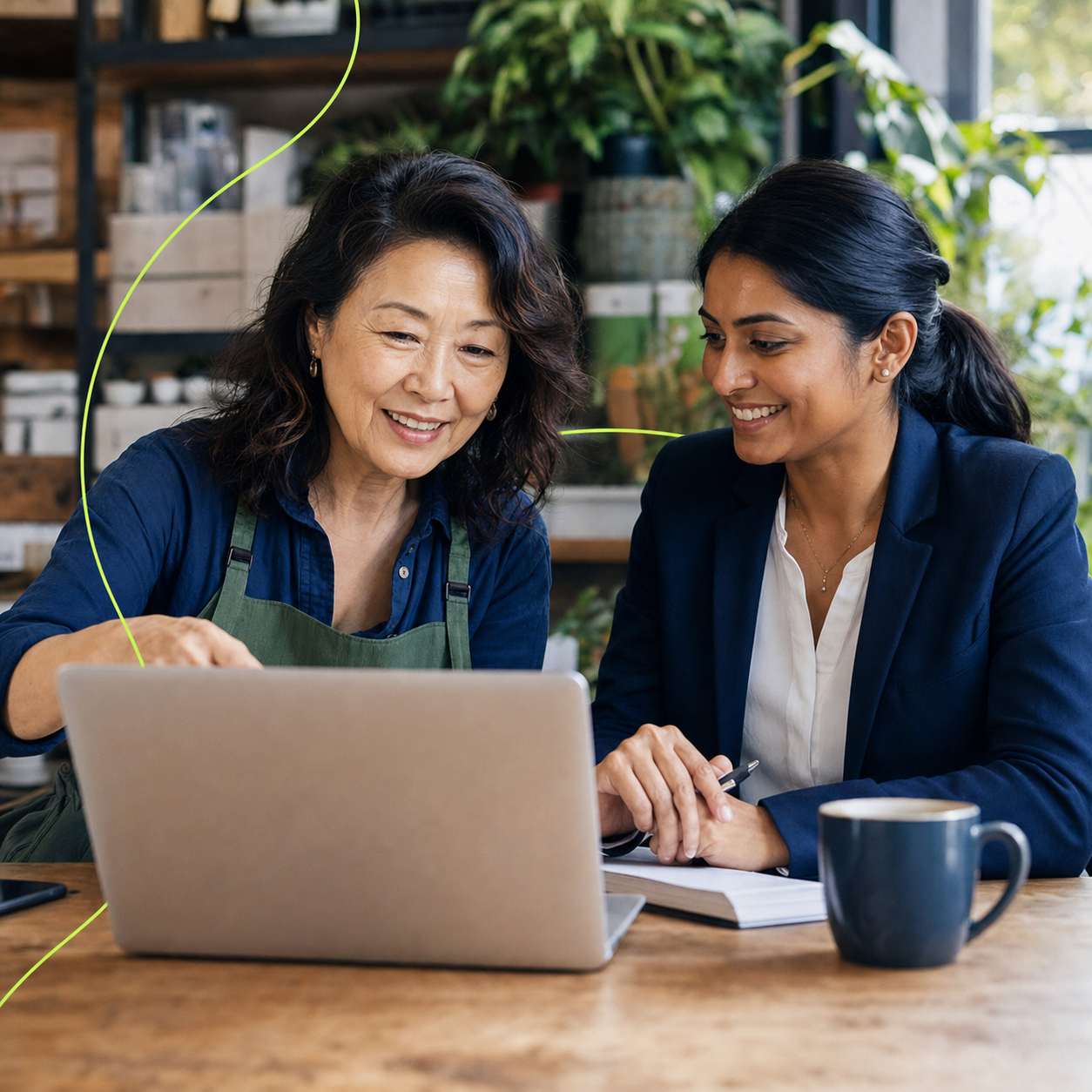 Two women reviewing finance options beside a laptop