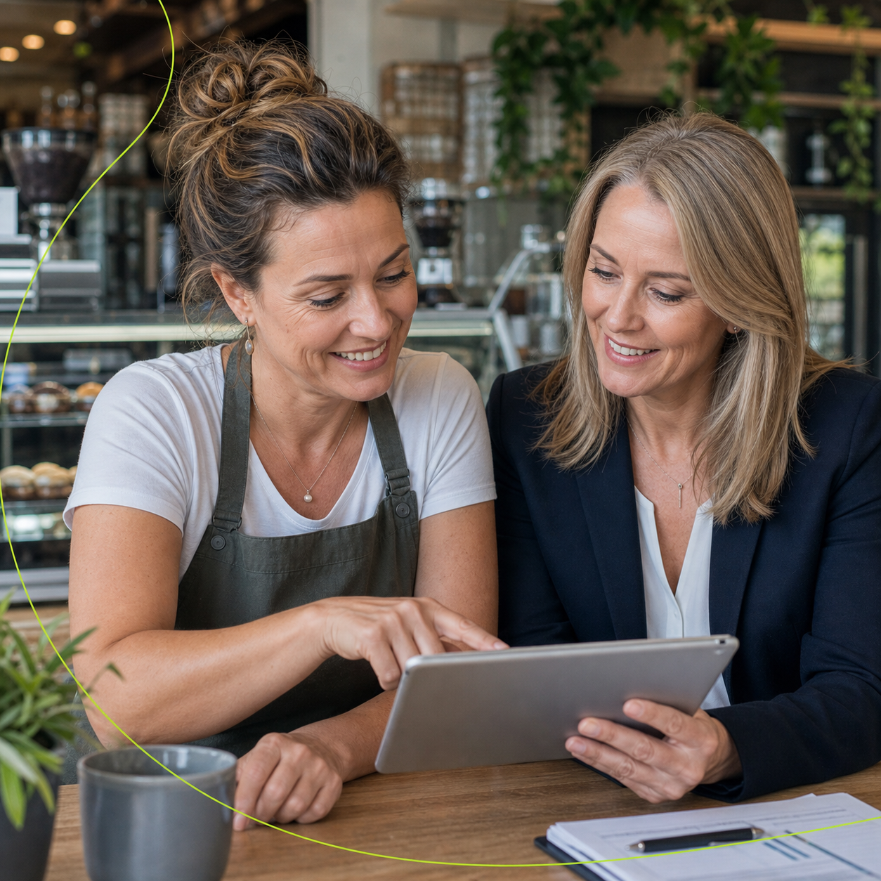 Two people discussing finance options at a desk